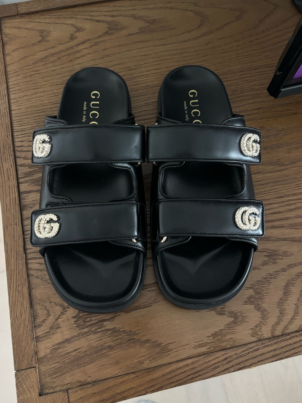 Gucci Black Leather Double-Strap Slide Sandals with Crystal GG Accents